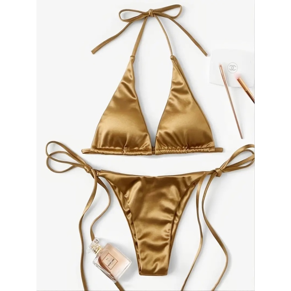 BNWT Isabelle LaRue Golden Nude Satin String Tie Bikini